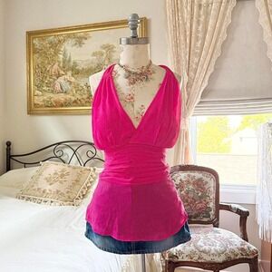 pink halter going out top  Y2K hot pink Guess size xl plunging ruched top